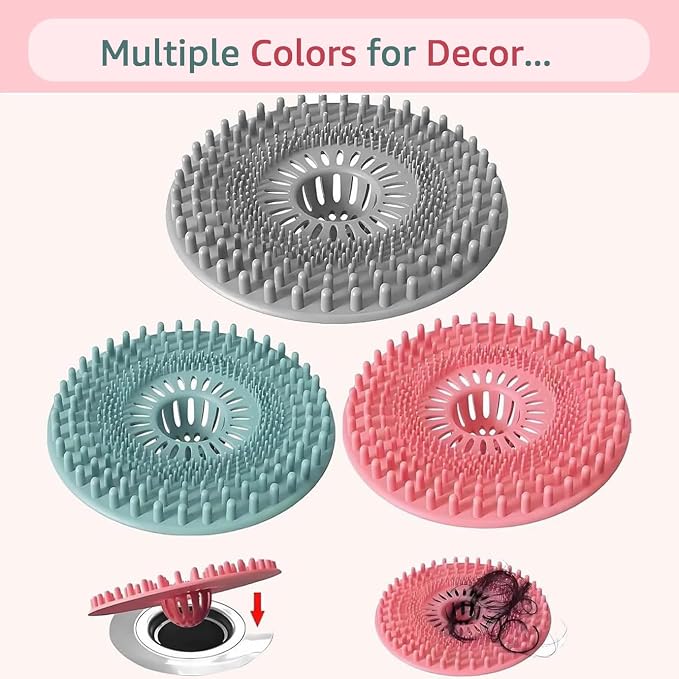 Silicone Hair Catcher for Shower Drain & Bathtub – 3 Pack (Grey/Blue/Pink), Anti-Clog Drain Strainer with Strong Suction, Easy Install, for Bathroom, Kitchen & Pet Hair (Patented)