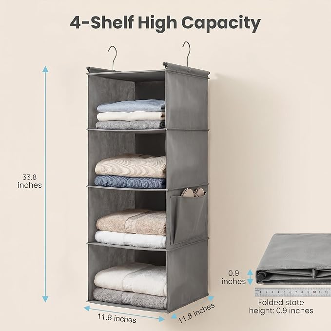 4-Tier Hanging Closet Organizer, Foldable Storage Shelves, Grey for Dorm RV | 4-tier hanging shelves for closets. Foldable, holds clothes & shoes. Fits dorms, apartments. Grey