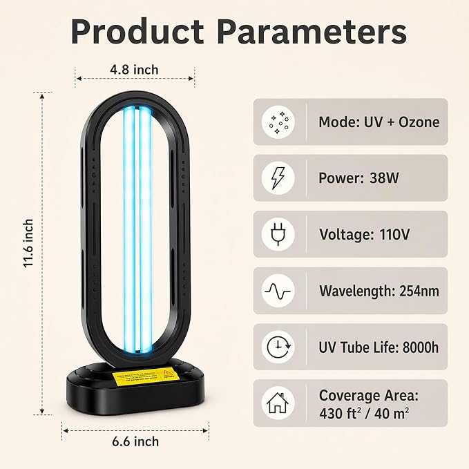 Feefir UV Light Sanitizer,UVC Home Disinfection Device,Portable UV Lamp | 4-Speed Timing and Remote Control ,Ultraviolet Light Sanitizer Effectively Mold Remover and Dust Mites,for Whole Room,Black