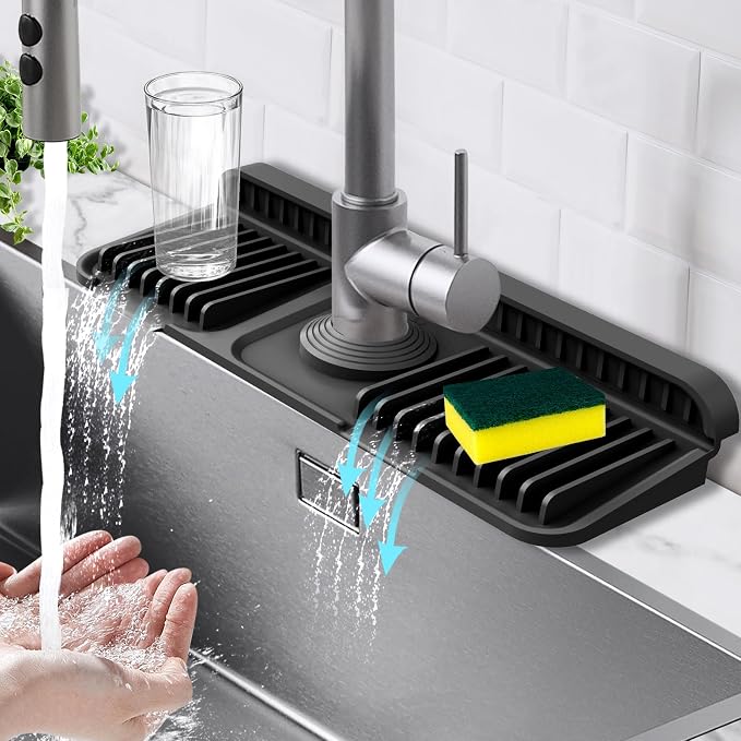 14.6-Inch Kitchen Sink Splash Guard Mat | 7° Slope for Fast Self-Draining | Snap-Lock Design | Universal & Cuttable Silicone Faucet Mat BLACK
