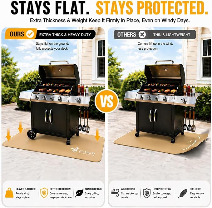 FLASLD Large Under The Grill Protective Deck and Patio Mat, 32 x 60 inches Oil-Proof, Fireproof Indoor Fireplace Mat Prevents Ember Damage Wood Floor, Khaki
