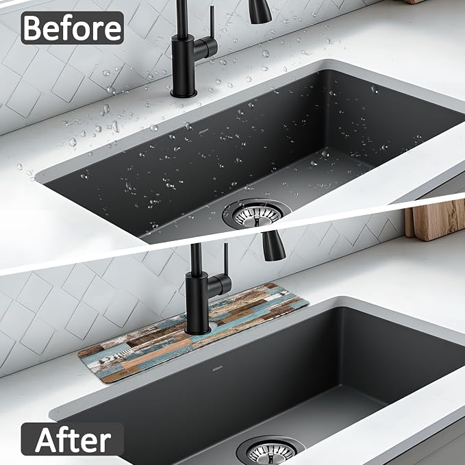 15" X 5.5" Kitchen Sink Splash Guard Faucet Mat Wood Grain Super Absorbent Fast Drying Faucet Guard & Draining Mat Sink Splash Guard Behind Faucet for Kitchen, Bathroom