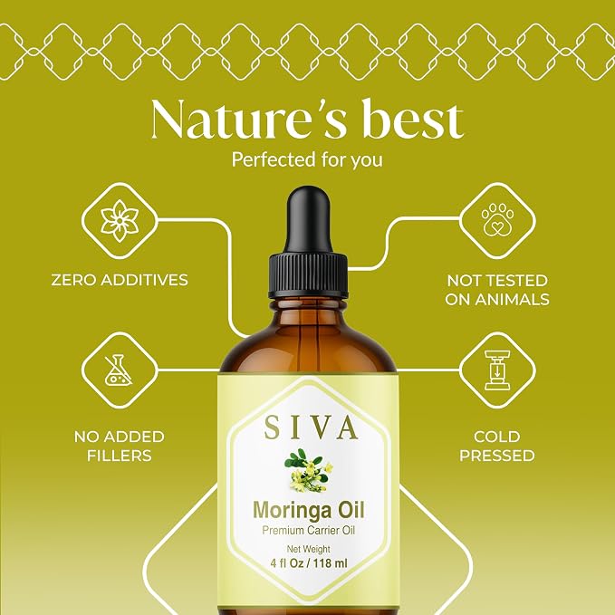 SIVA Moringa Carrier Oil, Glass Bottle with Dropper, 4 Fl Oz (118 ml) | Moringa Seed Oil for Face Care, Skin Care, Facial Oil, Hair Care, Scalp Massage, Body Massage, Dilution & DIY Beauty Blends