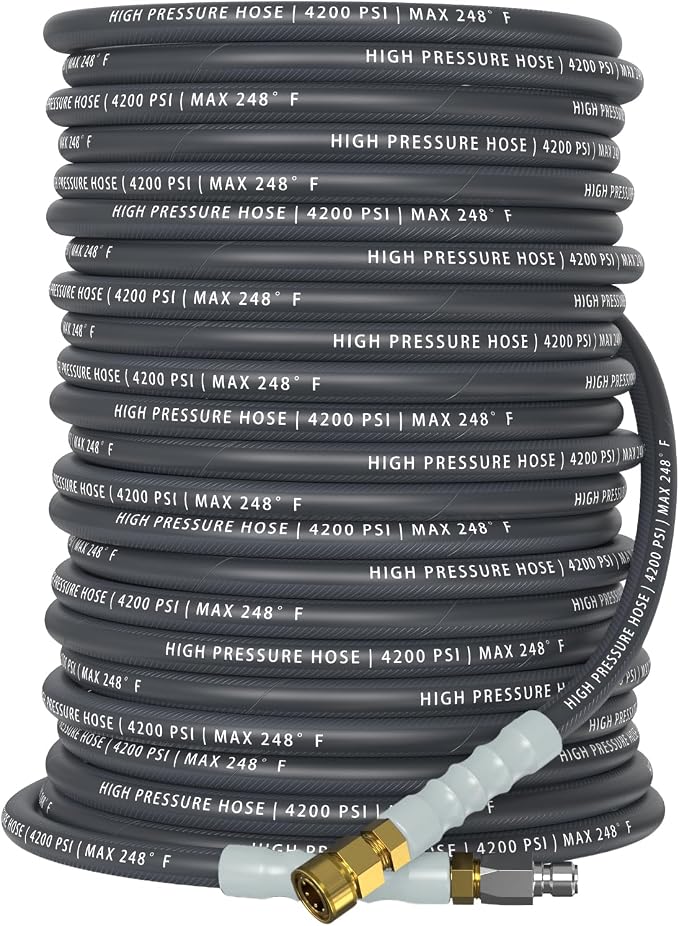 QC Installed Pressure Washer Hose 100 ft, 4200 PSI Flexible & Kink-Resistant, Steel-Braided & Durable, Power Washer Hose with 3/8" 360° Swivel Quick Connect, Hot/Cold Water Compatible, Gray