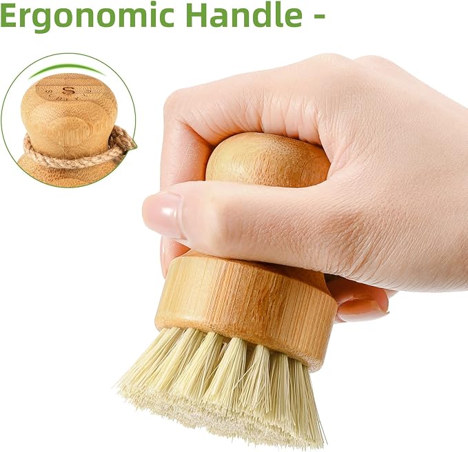 SUBEKYU Bamboo Dish Scrub Brushes, Kitchen Wooden Cleaning Scrubbers Set for Washing Cast Iron Pans/Pots, Set of 3