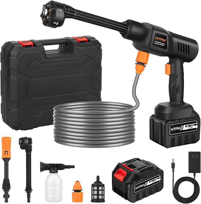Portable Cordless Pressure Washer, 600PSI Brushless Handheld Wash Machine | 3.0Ah Rechargeable Battery Powered Pressure Washer, 6-in-1 Nozzle with Standard Nozzle for Car Floor Wall Fence Pet Cleaning