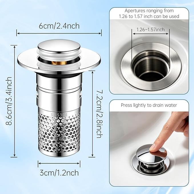 3 Pack Bathroom Sink Drain Strainer, Pop Up Stopper with Hair Catcher | Fits 1.5"-2.3" Drain Holes, Stainless Steel Basket, Brass Core, Tool-Free Installation