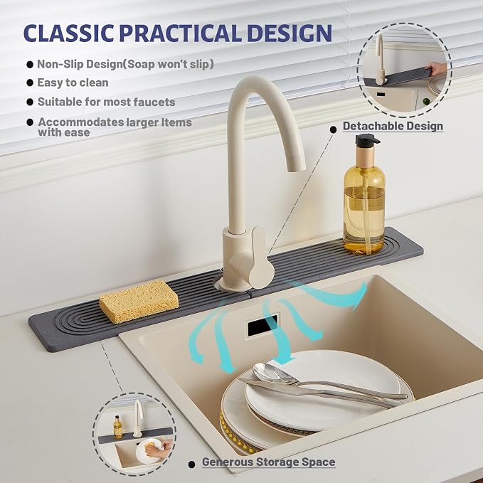 Faucet Mat for Kitchen Sink with Raised Feet, Quick Dry Stone Sink Mat Around Faucet, Water Absorbent Stone Tray, Sink Splash Guard & Protectors, Stone Drying Mat for Kitchen Counter
