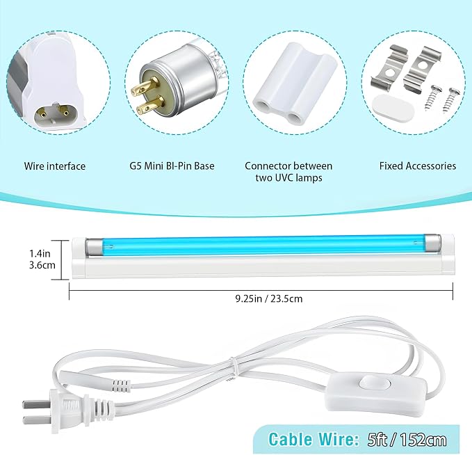 Coospider 6W UV Light Ozone Free, 253.7nm Sanitizer Lamp with Cord and Plug, UVC Lamp for Shoes/Closet/Cabinet/Bathroom 110V CTUV-6