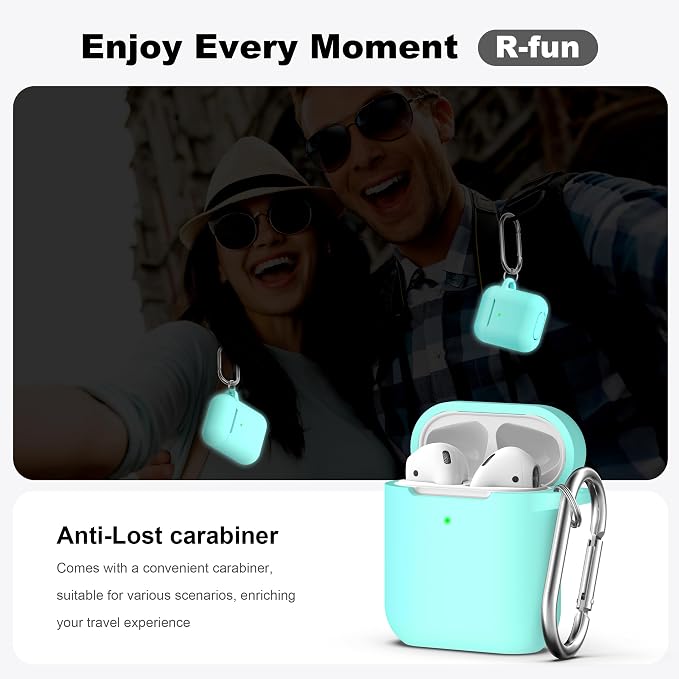 R-fun for AirPods 1/2 Case, Soft Silicone Protective Cover with Keychain and Cleaning Pen, Compatible with AirPods 2nd/1st Generation (2016/2019), Full Drop Protection Cover, Glow Blue