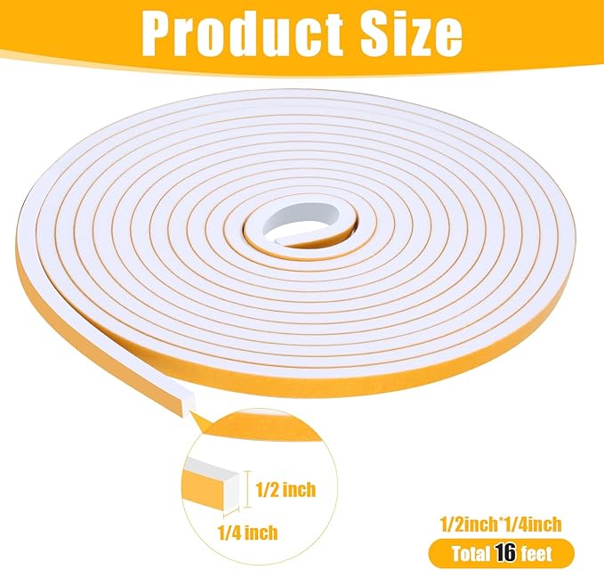 16Feet Weather Stripping Seal (1/2 Inch X 1/4 Inch) for Door Window, High Density Foam Tape, Soundproofing, Insulation Strip, Door Sealers for Door Frame- White