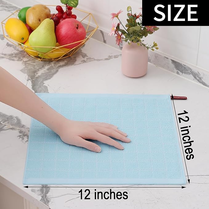 Homaxy 100% Cotton Terry Kitchen Dish Cloths, Ultra Soft and Absorbent Dish Towels for Kitchen, Suitable for Drying and Washing Dishes, 12 Pack, 12 x 12 Inches,Sky Blue