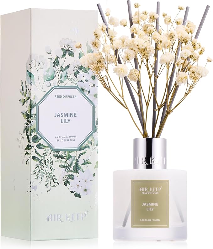 Reed Diffuser Set, 3.38 fl oz (100 ml) - Jasmine Lily Lemon Oil Diffusers with 8 Reed Sticks, Home Fragrance Reed Diffuser for Bathroom Shelf Decor