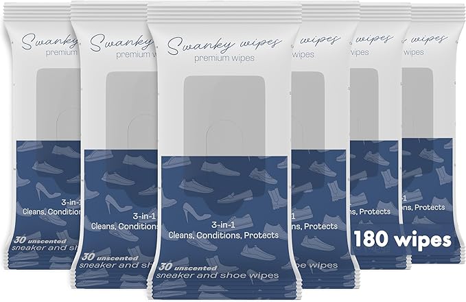 Swanky Shoe Cleaner Wipes - Leather and Sneaker Cleaner, Removes Dirt, Grime and Stains, Quick & Easy Shoe Sole and Boot Cleaning Wipes, Essential Shoe Cleaning Supplies - Soft Wipes, 180 Count