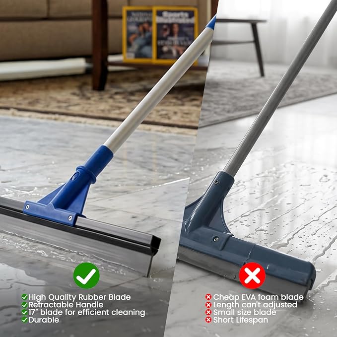 Floor Squeegee for Concrete Floor, 17.5" Heavy Duty Squeegee Broom for Floor, Commercial Scrubber Mop with Extendable Long Handle, Bathroom Tile Shower Glass Window