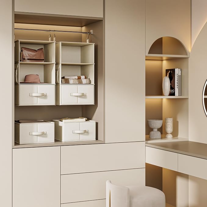 Vailando 2 Pack 3-Shelf Hanging Closet Organizer with 2 Drawers, Beige | Two Hanging Organizers with Fabric Drawers, Space-Saving Closet Storage for Clothes, Baby Items, Nursery and Dorm Rooms
