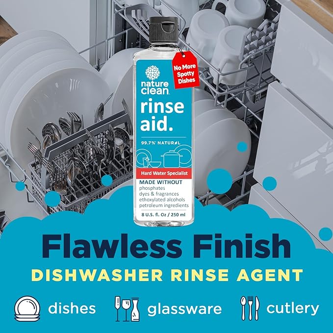 Nature Clean All Natural Dishwasher Rinse Aid Cleaner, Liquid Dishwasher Rinse Agent for Spot-Free Glass & Cutlery in Hard Water, Non Toxic Dish Washer Rinse Aid & Stain Remover, 8 oz/250ml, Pack of 6