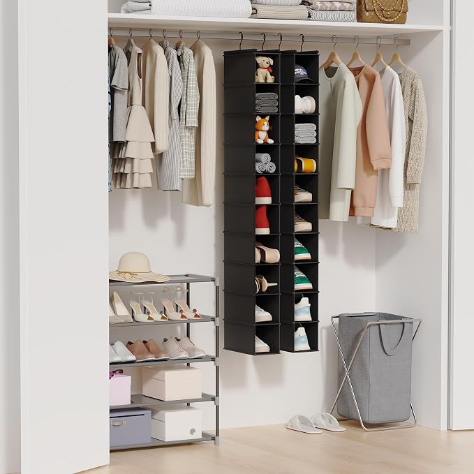MAX Houser 2 Pack 10 Tier Foldable Hanging Shoe Organizer, Hanging Shoe Storage Shelf, Black