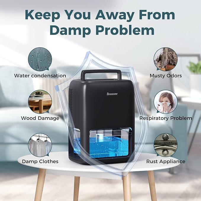 BREEZOME 60 OZ Dehumidifiers for Home, Dual-Semiconductor Quiet Dehumidifier with Timer Auto-Off Sleep Mode 7 Colors Light Portable Small Dehumidifiers for Bathroom, Cloakroom, RV, Black