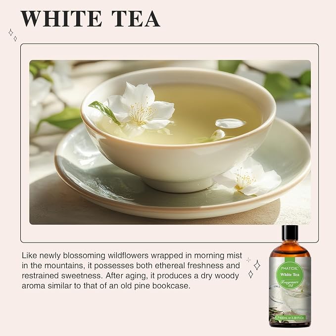 PHATOIL White Tea Fragrance Oil for Diffuser Aromatherapy 3.38FL.OZ | Long Lasting Scented Oils For Humidifier, Air Freshener, DIY Soap Candle, Scent Project Making, Aroma Oil for Home Freshening