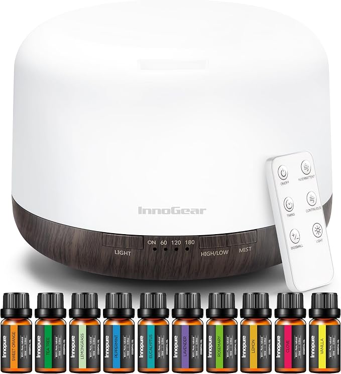 InnoGear 500ml Aromatherapy Diffuser for Home 10 Essential Oil Set, Brown | Gift Set, Remote Control, Automatic Shut-Off, 4 Timers, Quiet, Run up to 18hrs, Cool Mist Humidifier, Large Room, Easy to Use