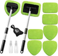 Qydipclin 11pcs Windshield Cleaner Tool, Car Window Cleaning Wash Kit with 6 Reusable Microfiber Pads 2 Spray Bottles and Extendable Handles Auto Glass Wiper Kit, Green