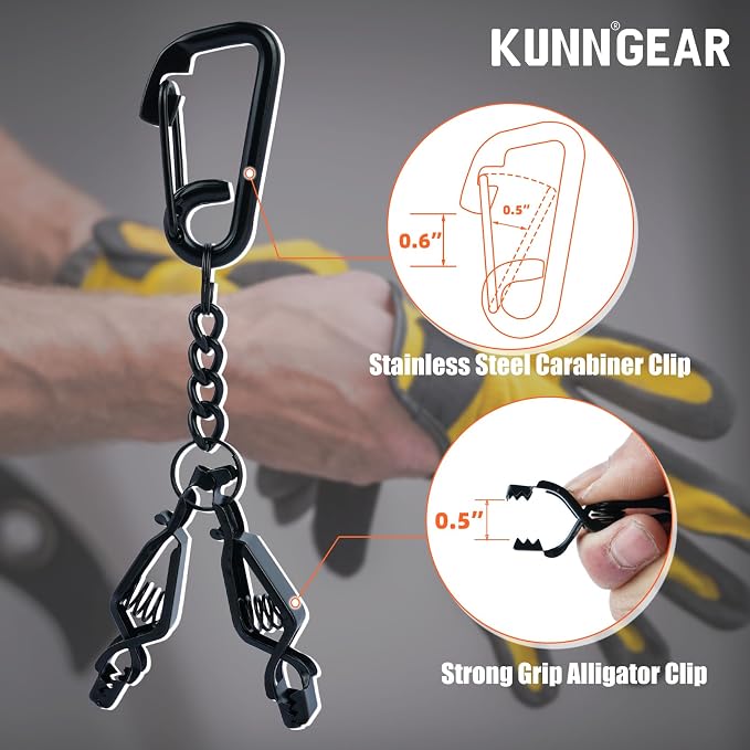 KUNN Glove Clip Stainless Steel Carabiner with Double-End Alligator Clip for Work Gloves, Glove Holder for Wall Mount