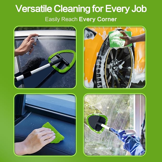 Windshield Cleaner Tool 22.5" L - Car Interior&Exterior Window Cleaning Kit with Extendable Handle&4 Microfiber Pads and Thick Large Wash Sponge, Auto Glass Wiper Brush Kit for Cars Home (7pcs Green)