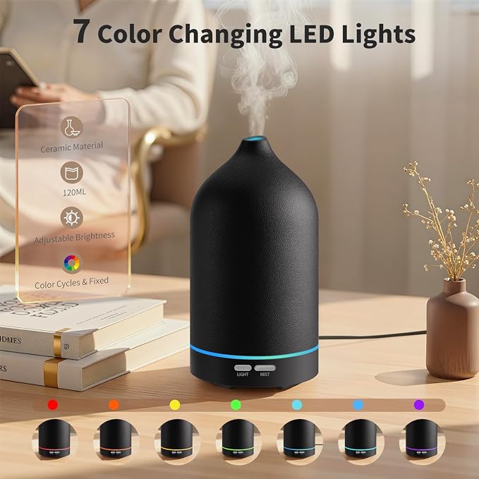 URPOWER 120mL Ceramic Essential Oil Diffuser Quiet Diffusers for Home | Sleek Ceramic Design with Ultrasonic Mist, 2 Mist Modes and Ambient LED Lighting Brings Comfort to Your Daily Routine