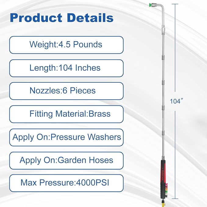 Pressure Washer Extension Wand Gutter Cleaning 8 FT Garden Hose Adapter, Upgarded Soft Handle 6 Nozzle Tips 3 Curved Rod for Gutter, 1/4" M22-14mm Fitting 3/4" GHT Connector DUS2612
