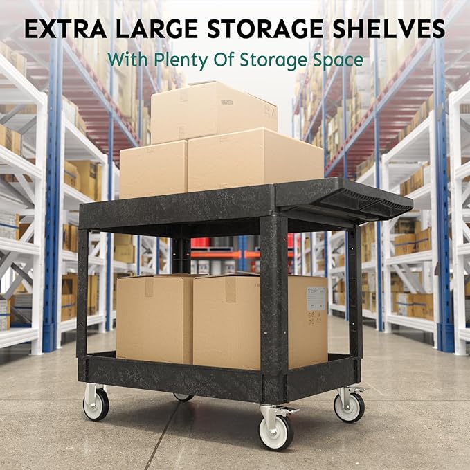 Utility Cart on Wheels, Heavy Duty Large Flat Top Rolling Service Cart, 46 x 25 Inch Work Carts, 2 Shelf 1000 lbs Capacity Plastic Tool Cart, for Warehouse, Garage, Cleaning, Black