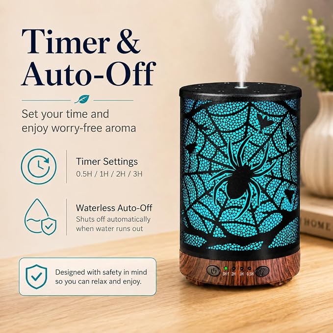 Essential Oil Diffuser 120ML Metal Aromatherapy Diffuser with Timer, Cool Mist Humidifier with Auto Shut-Off & 7 Color Lights for Home Office Spa (Spider Web)