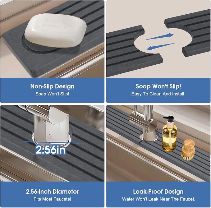 Stone Faucet Mat for Kitchen Sink, Water Absorbing Stone Faucet Splash Guard for Bathroom Counter, Stays Put, Super Absorbent Diatomite Fast Drying, Prevent Moisture for Kitchen Bathroom Counter