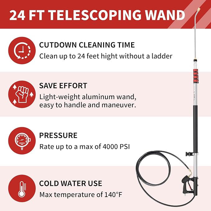 24 FT Telescoping Pressure Washer Wand - Gutter Cleaner Attachment with Power Washer Extension Wands, 7 Spray Nozzle Tips, 3 Hose Adapters, Brush and Support Belt