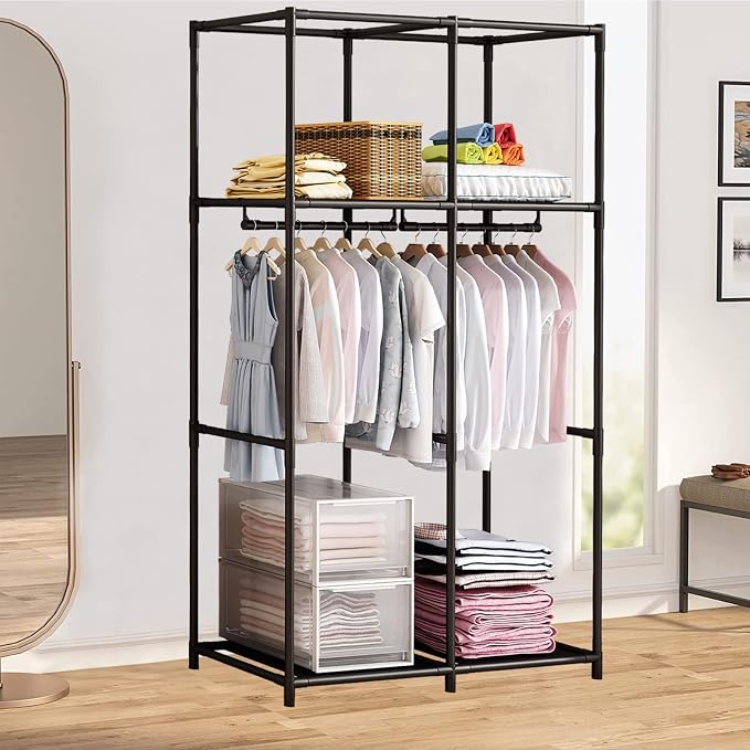SORCEDAS Portable Closet Wardrobe with Hanging Rods Shelves Clothes Storage | 34 Inch Closet Organizers and Storage with Non-Fabric Cover,Freestanding Clothes Closet for Bedroom,dorm,Storage Rooms Coffee