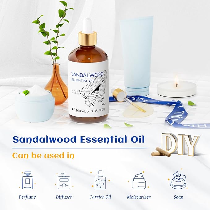 HIQILI Sandalwood Essential Oils for Perfume, Diffuser & Skin Care | Calming Oil for Aromatherapy, DIY Candles Soaps & Hair Care, Includes 10ml Travel Bottle - 100ml / 3.38 fl.oz