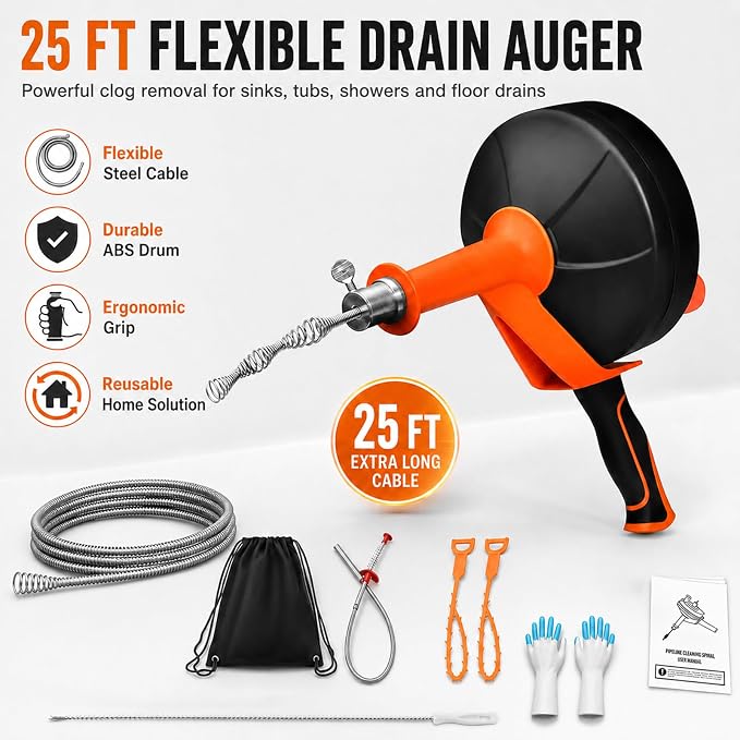 25FT Drain Auger with Drill Adapter, Durable Pipe-Safe Plumbing Snake, Auto-Retract Clog Remover for Kitchen Sink, Bathroom, Shower, Tub, Gloves Included