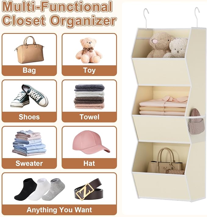 Hanging Closet Organizers and Storage for Kids Room Organization, 3 Tiers | Hanging Closet Shelves for Underwear Swimsuit Storage, Hanging RV Closet Organizers and Storage Camper Closet Organizer Beige