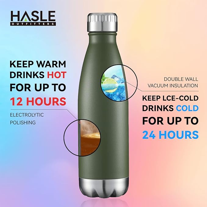 HASLE OUTFITTERS 17oz Stainless Steel Water Bottles Bulk, Vacuum Insulated Double Walled Powder Coated Reusable Metal Sports Water Bottles Keep Drinks Hot and Cold, ArmyGreen, 8Packs
