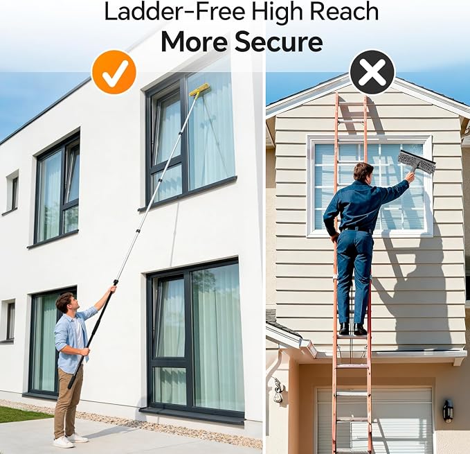 5-in-1 20Ft 4-Stage Telescoping Extension Pole Kit for Cleaning | Feather Dusters with Bristles for Outdoor Indoor, 4-Stage Spider Web Remover with Telescopic Pole for Ceiling Wall Yellow