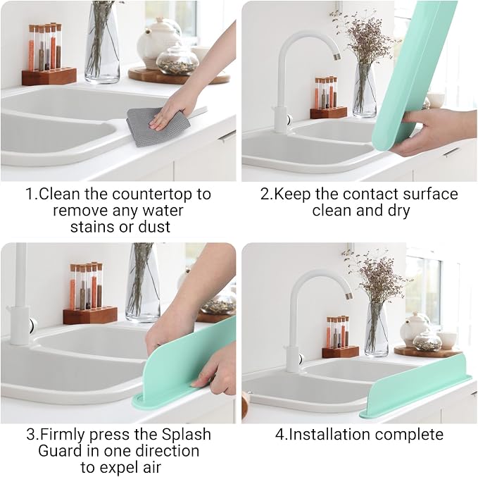19.3 inch Kitchen Sink Splash Guard, Silicone Sink Baffle Splash Guard, Backsplash Protector for Kitchen Countertop & Bathroom Bathtub with Non-Slip Strong Suction, Mint Green