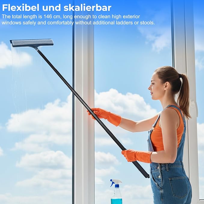 wlich Shower Squeegee with Long Handle, Telescoping Window and Floor Wiper | Silicone Blade, 9.45-48.03 In Extendable Pole, Washable Replaceable Pads, For Glass, Mirrors, Tile, Bathroom, Smooth Floors