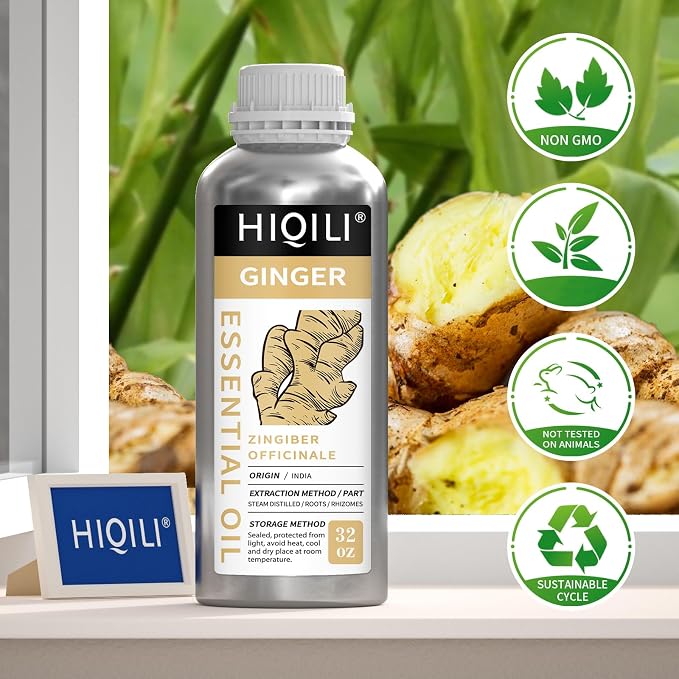 HIQILI Ginger Oil for Hair, Massage & Skin | Large Bottle for Extended Use, Body & Scalp, Soothes Tired Muscles after Activity, DIY Blends & Diffuser - 1000mL / 32 fl oz