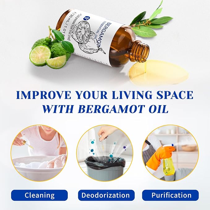 HIQILI Bergamot Essential Oil for Skin, Diffuser & Hair | Creates Soothing and Calming Atmosphere for Home and Office, Calms Your Mind, and Works for Skin, DIY -30mL / 1.01 fl oz