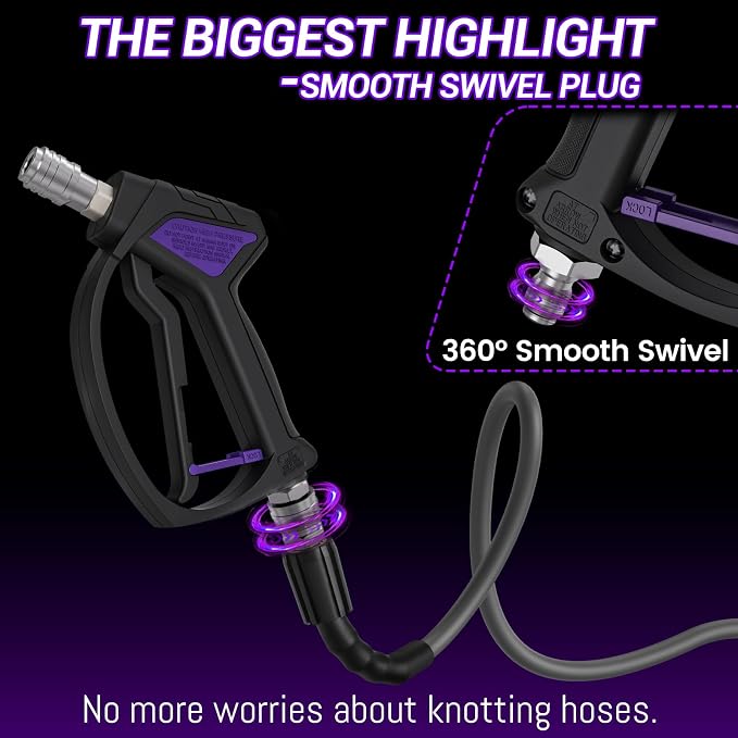 Short Pressure Washer Gun, Swivel Power Washer Gun 4060 PSI, Stubby Pressure Washer Gun with 3/8" Smooth & 1/4" Quick Connector Coupler Compatible with Hose Foam Cannon Car Wash Foam Gun（Black purple）