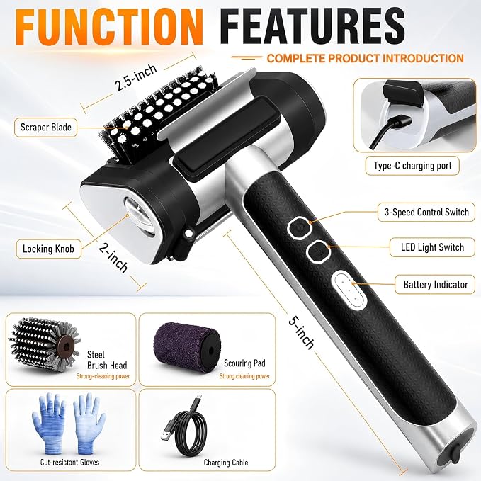 Electric Grill Brush, Cordless BBQ Grill Cleaner with High Torque Motor, 3-Speed Rotary Brush, LED Light & Stainless Steel Scraper, 4000mAh Rechargeable Tool for Outdoor Grills, Griddles & Smokers
