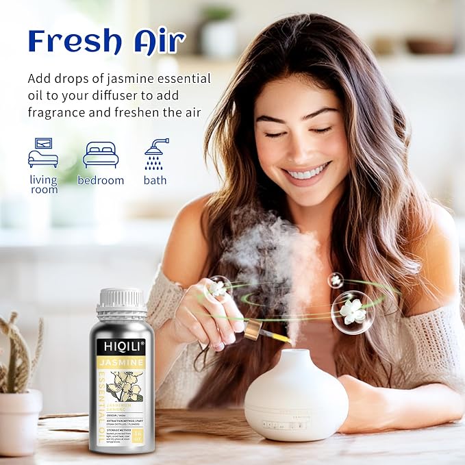 HIQILI Jasmine Essential Oil for Diffuser, Hair & DIY Perfume | Soft Floral Scent For Massage, Nourish Hair & Complexion, Ideal For Diffuser & Fragrance Crafting - 500ML / 16 Fl Oz