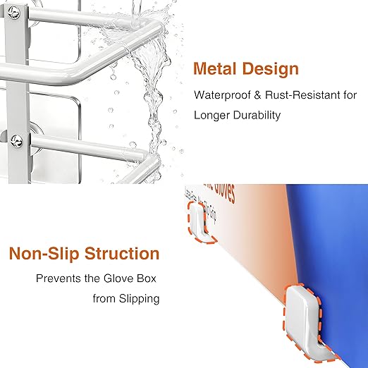 Adhesive Glove Box Holder Wall Mount, Metal Gloves Dispenser, White | For Latex & Nitrile Boxes, No-Drill Tissue & Wipes Organizer for Lab, Kitchen, Bathroom