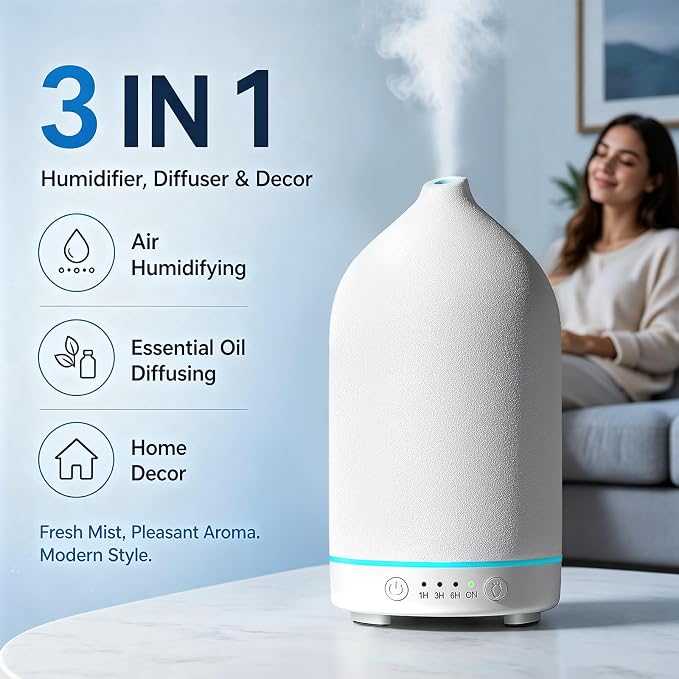 200ML Ceramic Essential Oil Diffuser for Home, Stone Diffuser | Ultrasonic Aromatherapy Diffuser & Air Humidifier for Bedroom, Office, Yoga, 7 LED Lights, Auto Shut-Off, 3 Timers, White