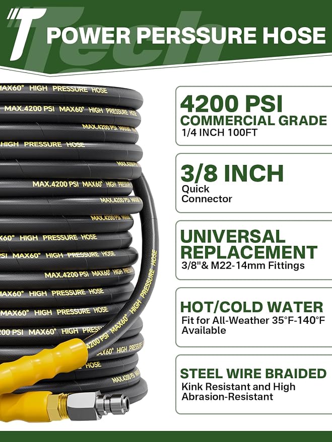 4200PSI Pressure Washer Hose 100FT with 3/8" Swivel Quick Connect for Cold/Hot Water, Kink Resistant Steel Wire Braided,1/4" Wear Resistant Power Washer Hose with 2 M22 14mm Adapter Set